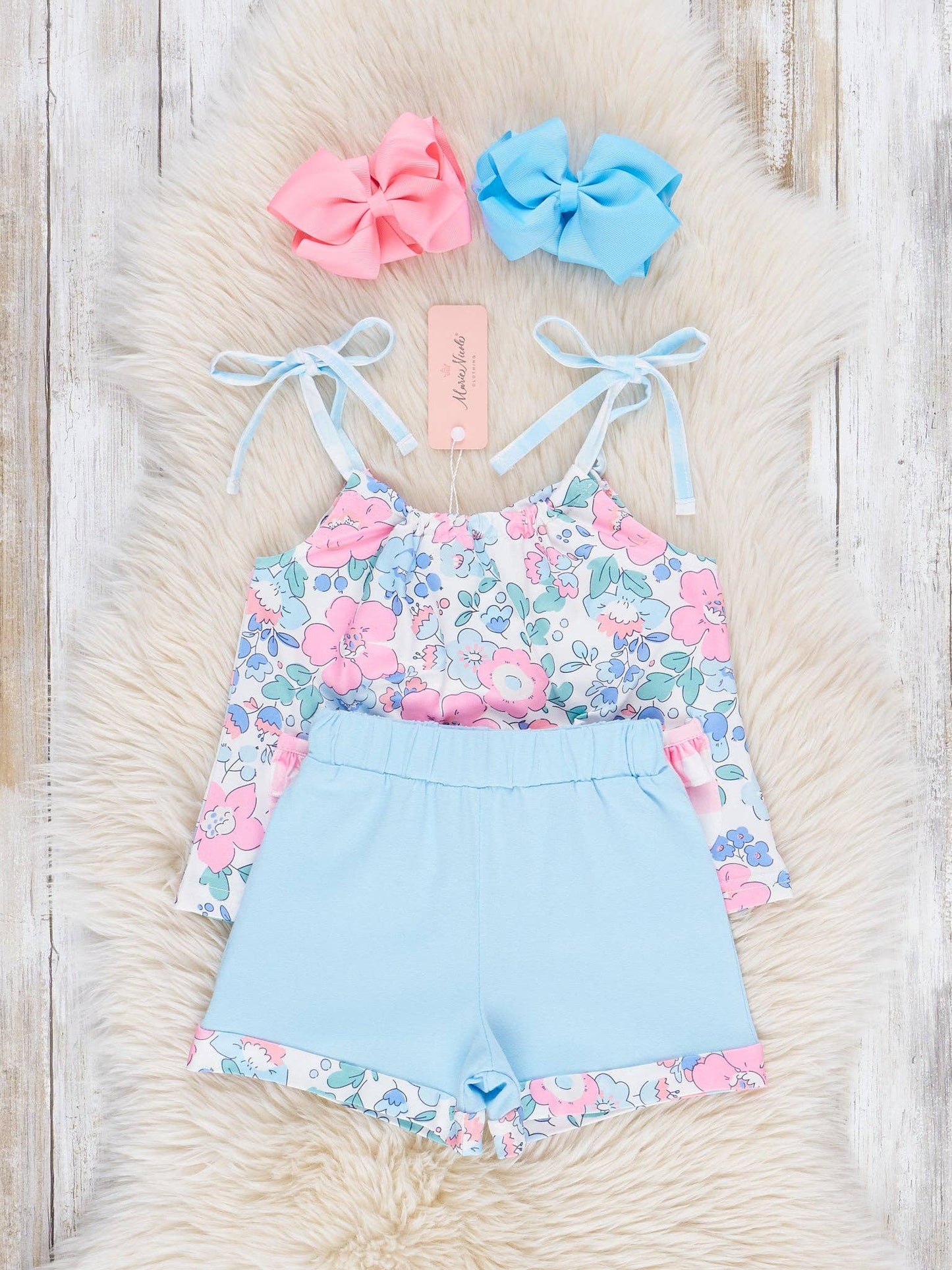 Pink & Blue Gingham Floral Bloomers Outfit - 2 Piece Set