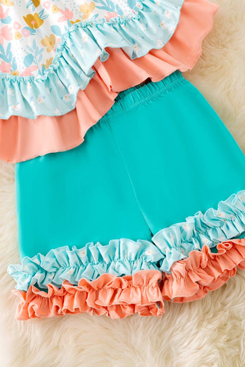 Peach & mint floral ruffle tunic & ruffle shorts -- 2 Piece Set