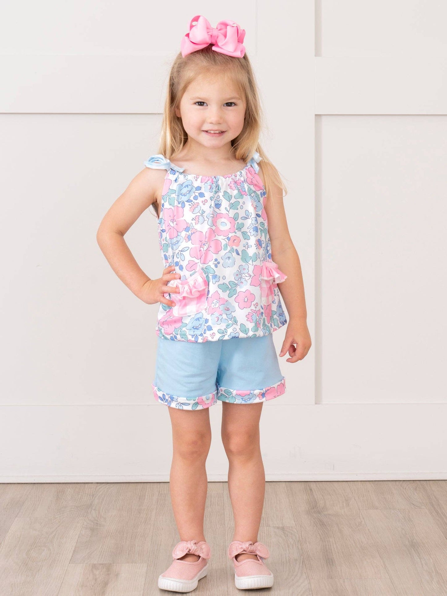 Pink & Blue Gingham Floral Bloomers Outfit - 2 Piece Set