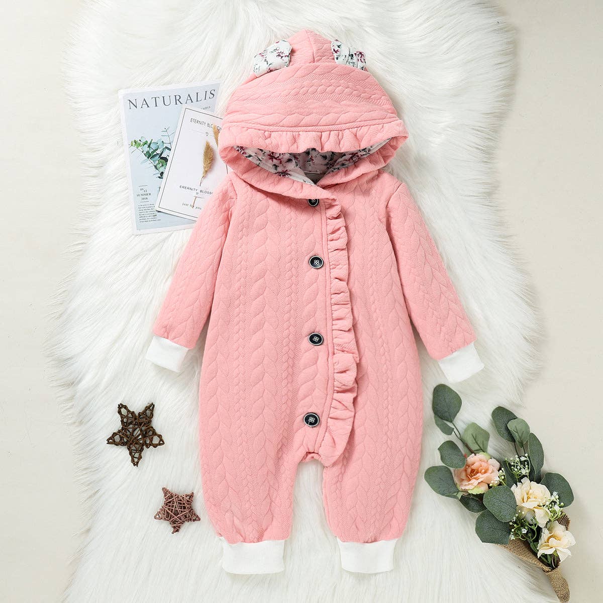 Hooded Pink Thickened Lined Baby Jumpsuit