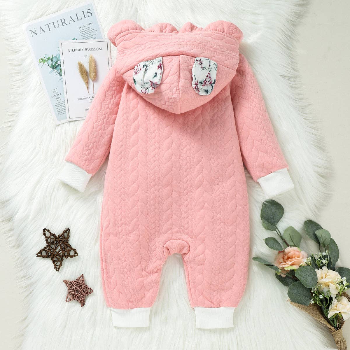 Hooded Pink Thickened Lined Baby Jumpsuit