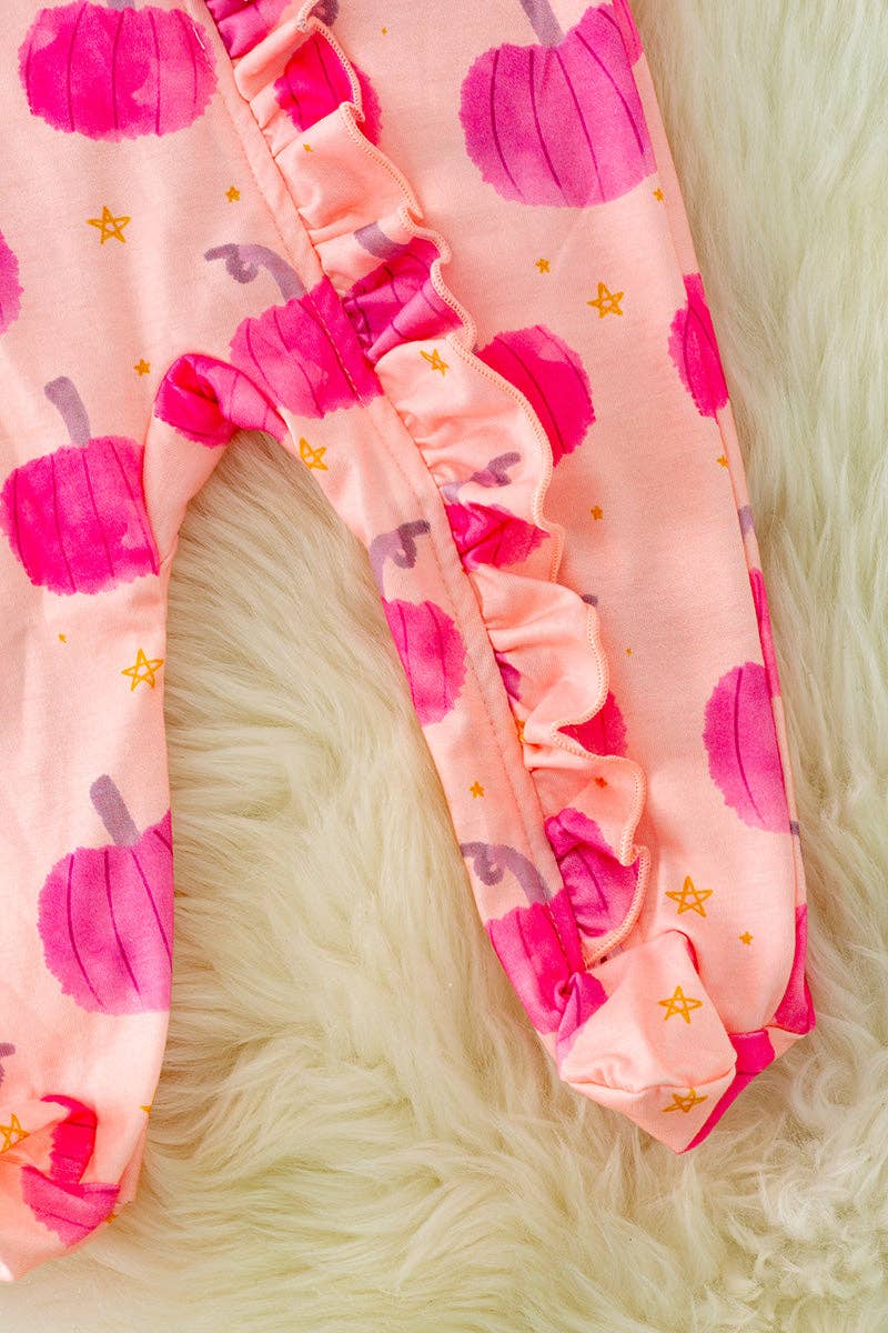 Hot pink Pumpkin printed baby onesie w/ruffle trim