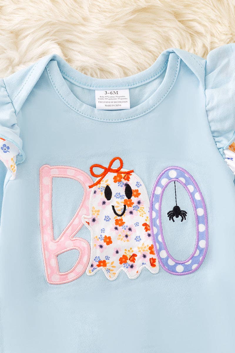 "BOO" Boo applique on Lt. Blue baby romper with floral trim.