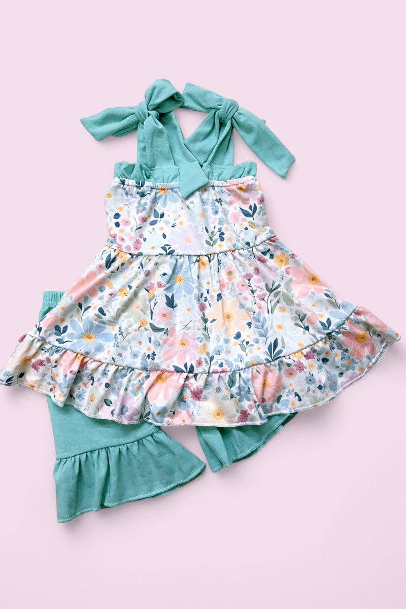 Floral printed ruffle tunic & teal shorts 2 PC SET
