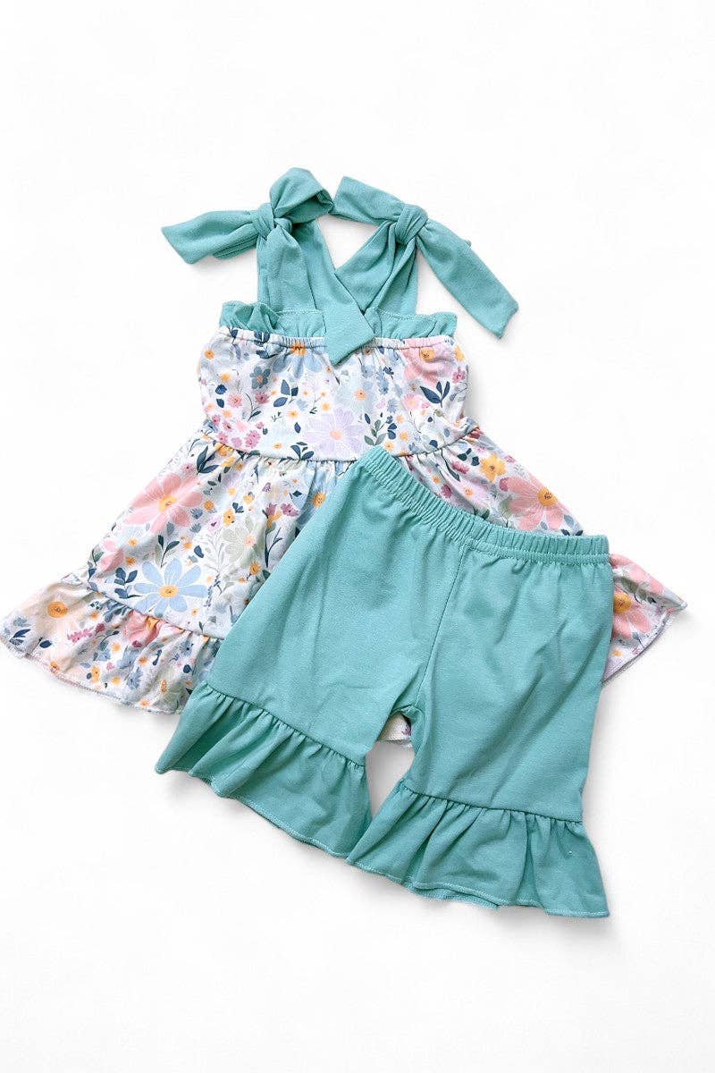 Floral printed ruffle tunic & teal shorts 2 PC SET