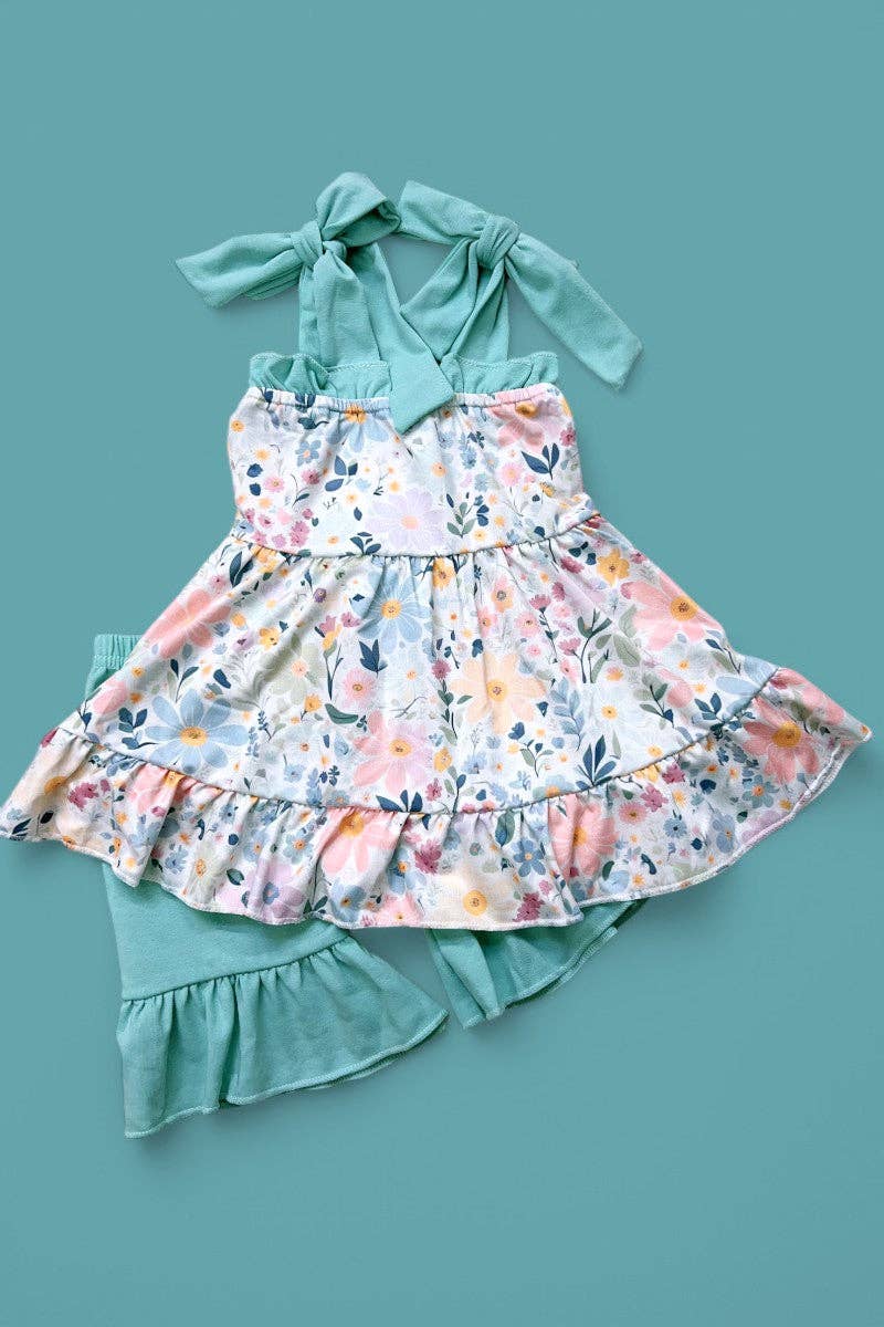 Floral printed ruffle tunic & teal shorts 2 PC SET