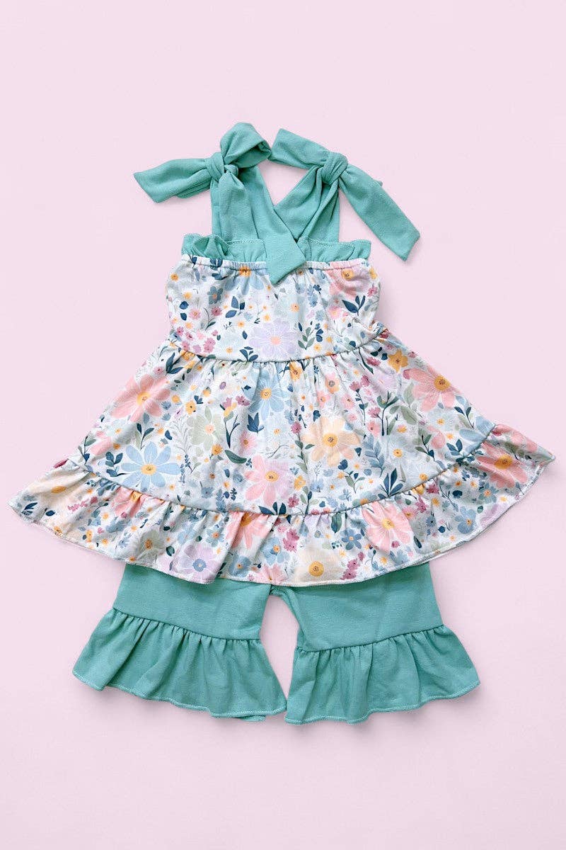 Floral printed ruffle tunic & teal shorts 2 PC SET