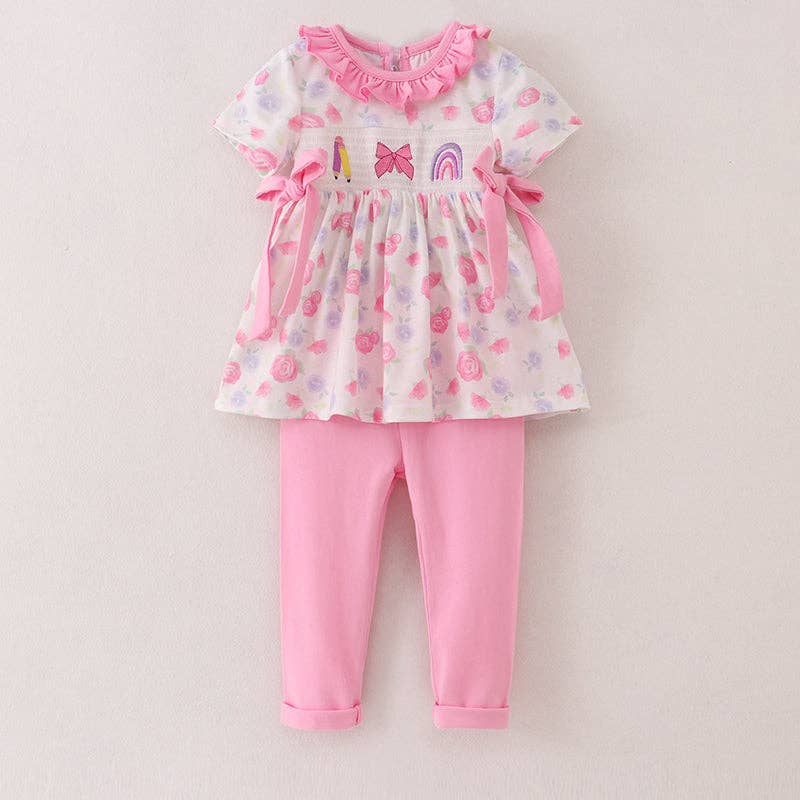 Back To School Pencil Bow Rainbow Smocked - 2 PIECE SET