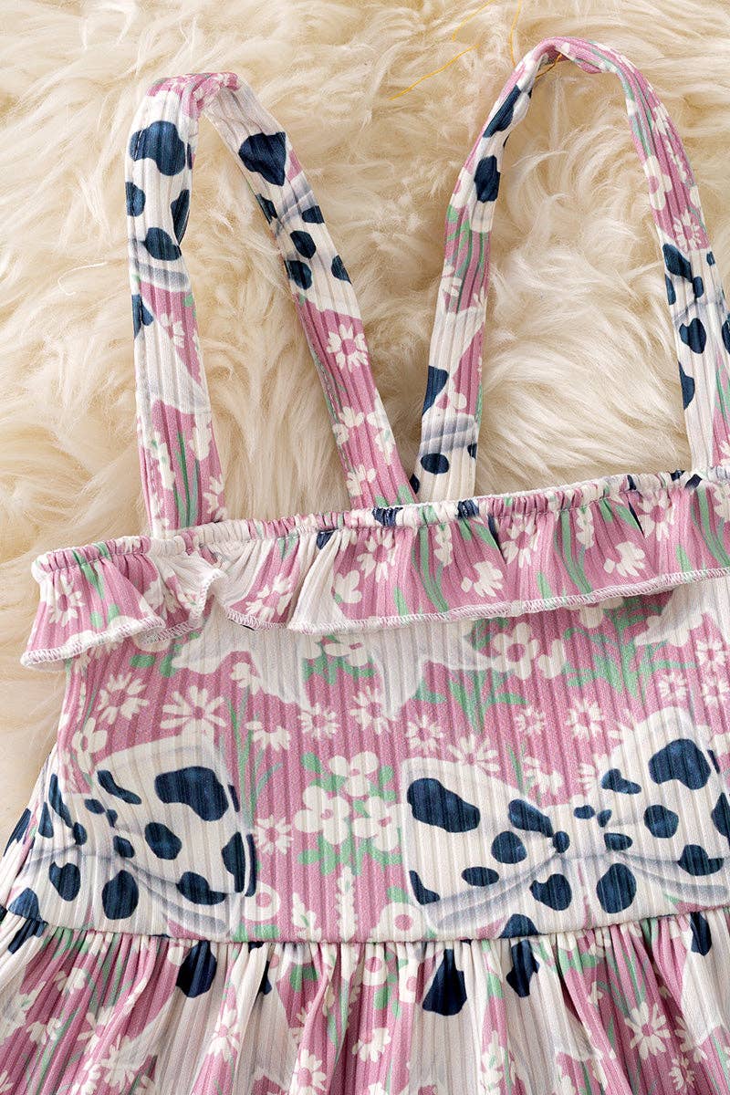 Cow printed coquette bow ruffle dress.