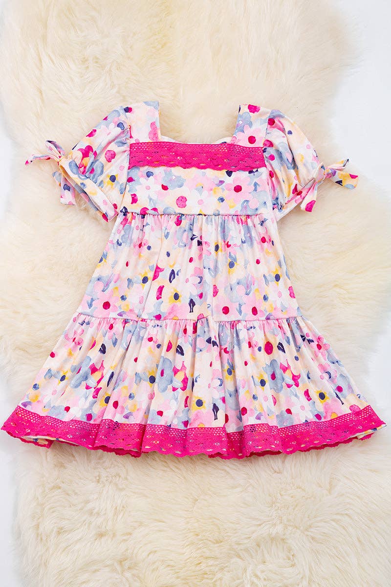 Floral printed flare dress with fuchsia embroidered hem