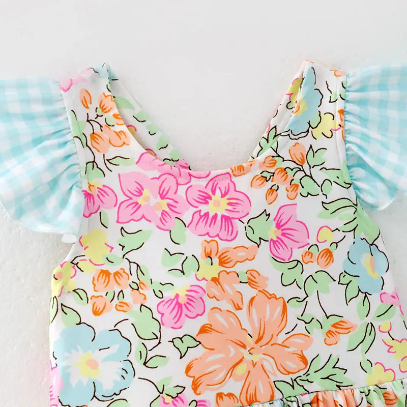 Summer Blue Plaid Bow Floral Print Ruffled Dress