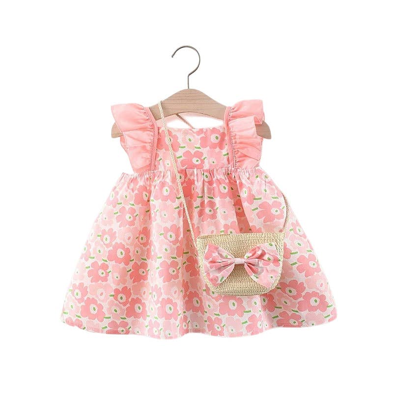 Peach Blossom Flutter Dress & Straw Purse - 2 Piece Set