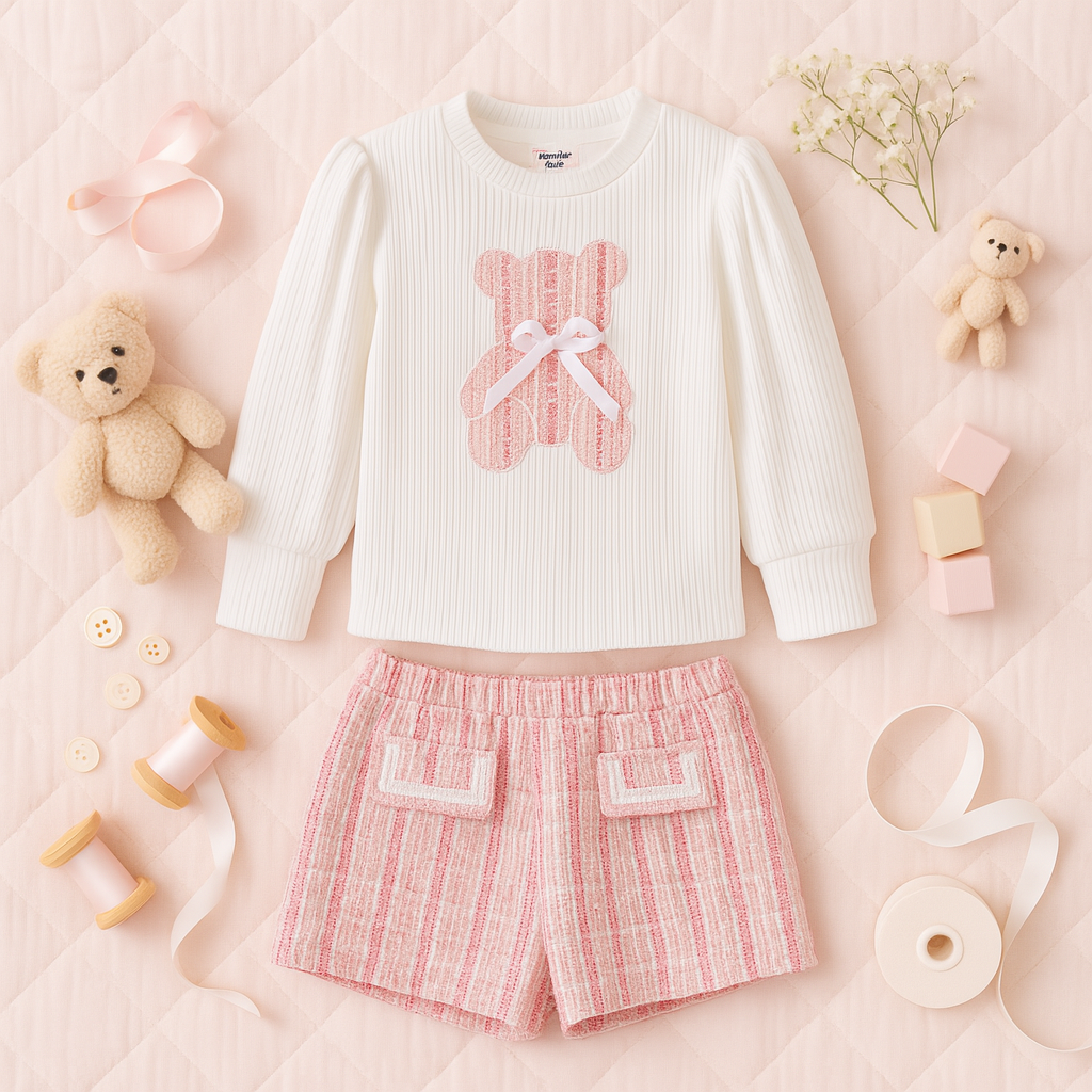 Bear Puff-sleeve Sweatshirt and Shorts - 2 Piece Set
