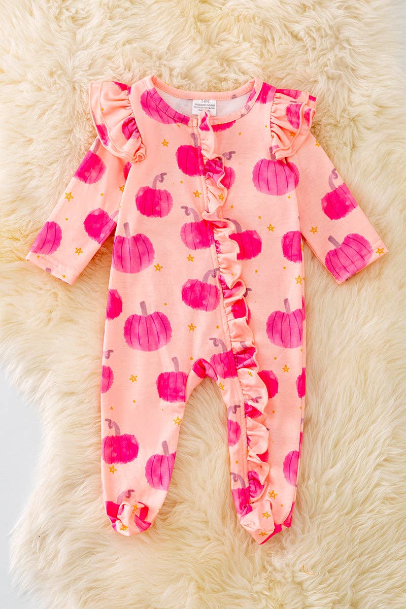 Hot pink Pumpkin printed baby onesie w/ruffle trim