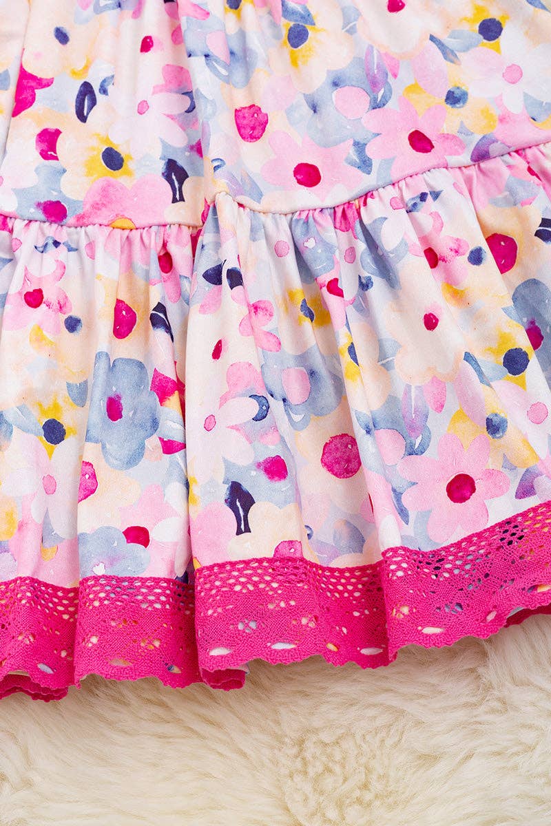 Floral printed flare dress with fuchsia embroidered hem