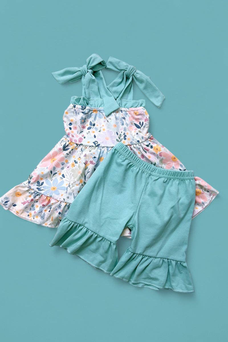 Floral printed ruffle tunic & teal shorts 2 PC SET