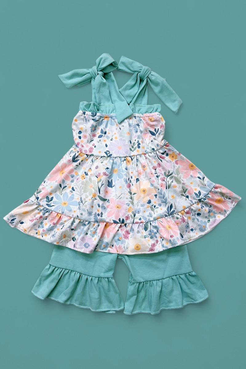 Floral printed ruffle tunic & teal shorts 2 PC SET