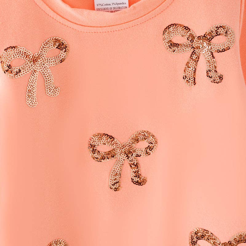 Fall Autumn Coral Bow Long Sleeves Sequins Skirt - 2 Piece Set