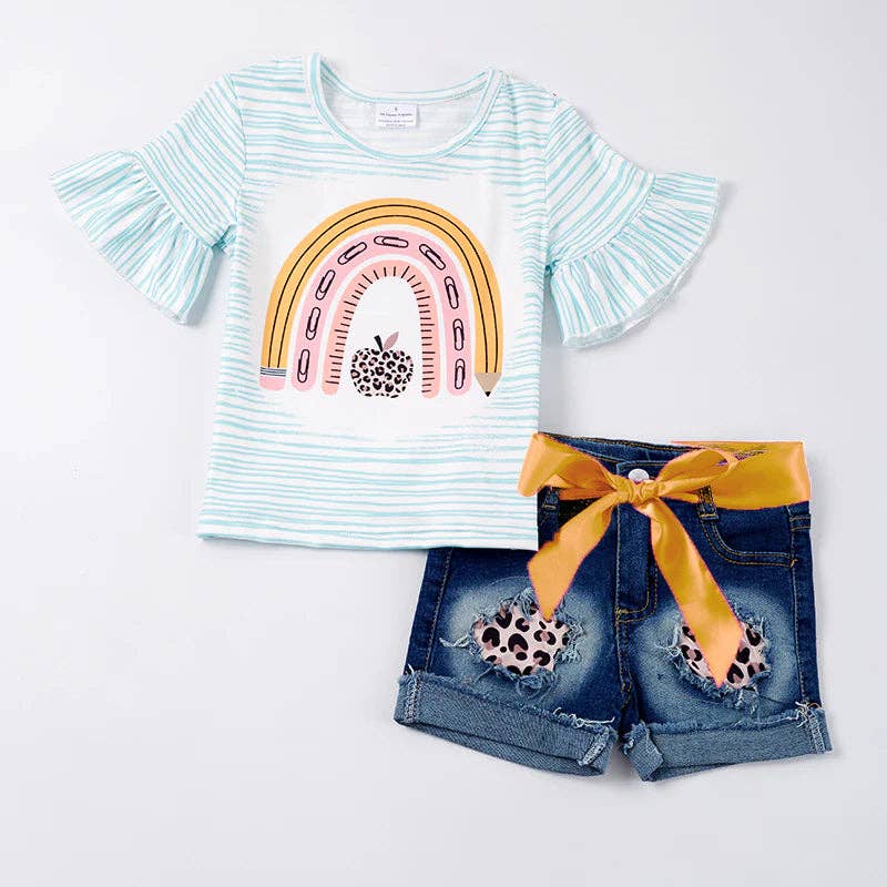 Back To School Apple Rainbow Denim Short - 2 Piece Set