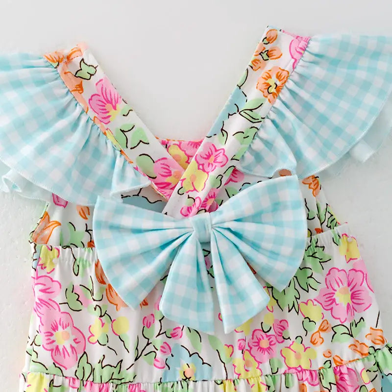 Summer Blue Plaid Bow Floral Print Ruffled Dress