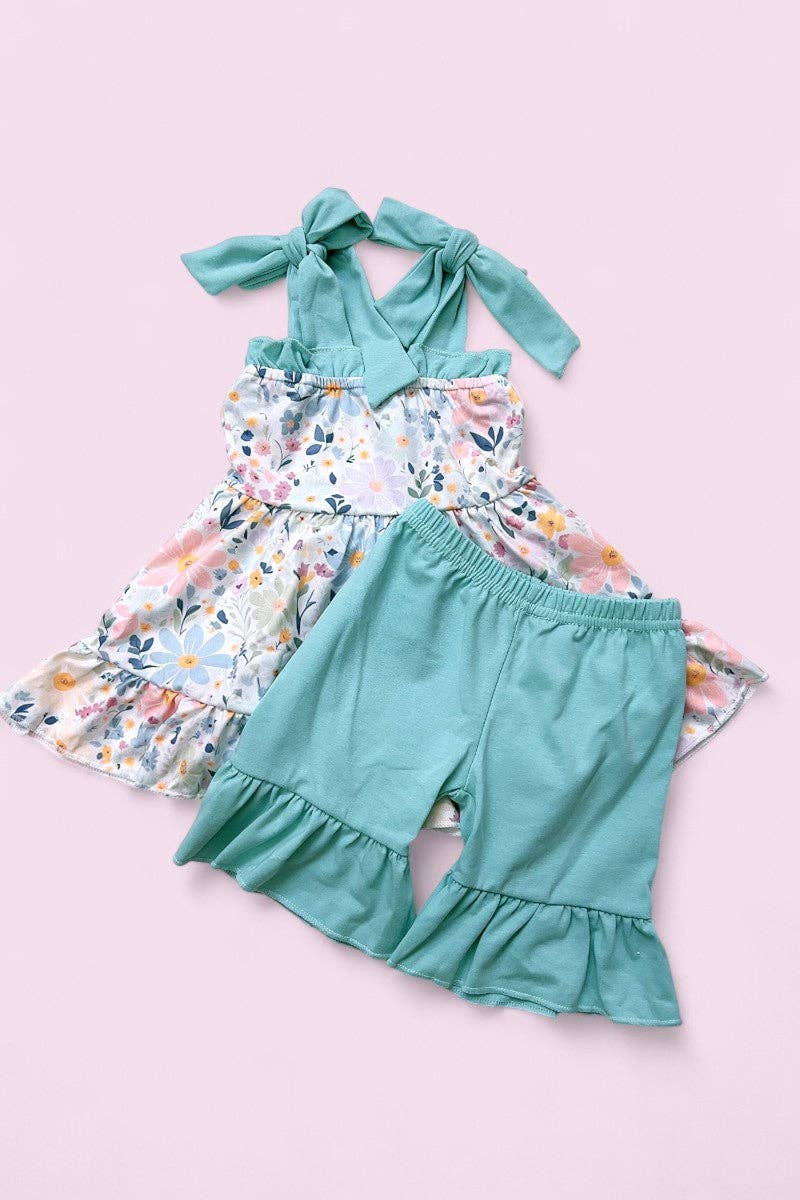 Floral printed ruffle tunic & teal shorts 2 PC SET