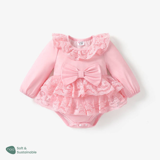 Naia Sweet Bowknot Solid Color Ruffle Edge Romper