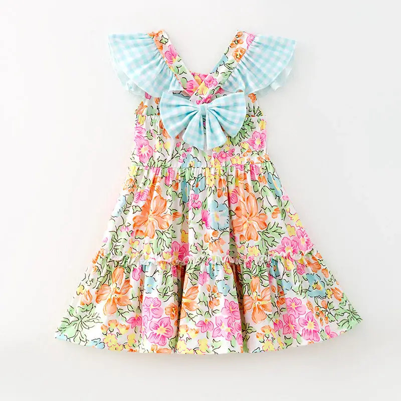 Summer Blue Plaid Bow Floral Print Ruffled Dress