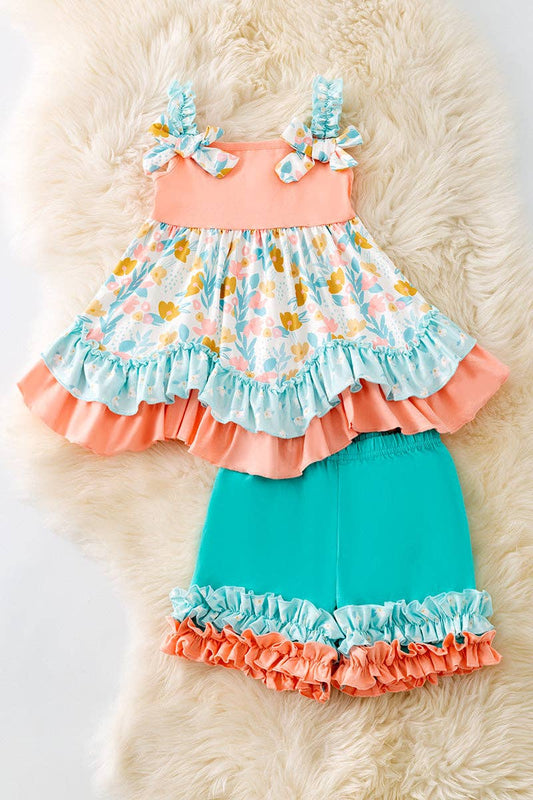 Peach & mint floral ruffle tunic & ruffle shorts -- 2 Piece Set