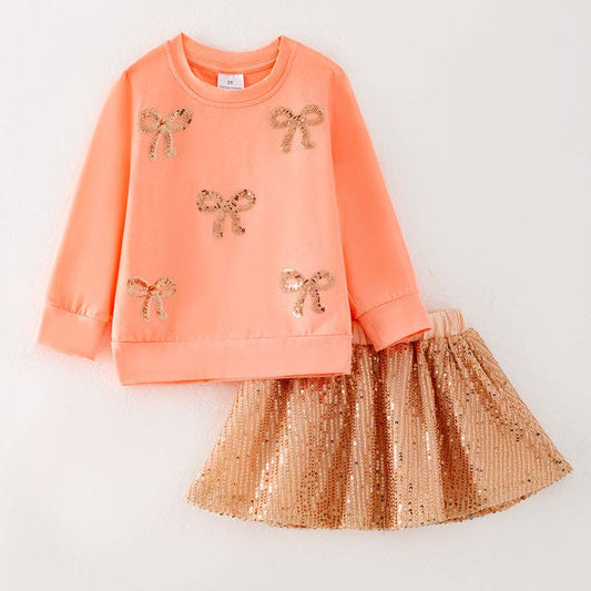 Fall Autumn Coral Bow Long Sleeves Sequins Skirt - 2 Piece Set