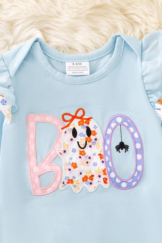 "BOO" Boo applique on Lt. Blue baby romper with floral trim.