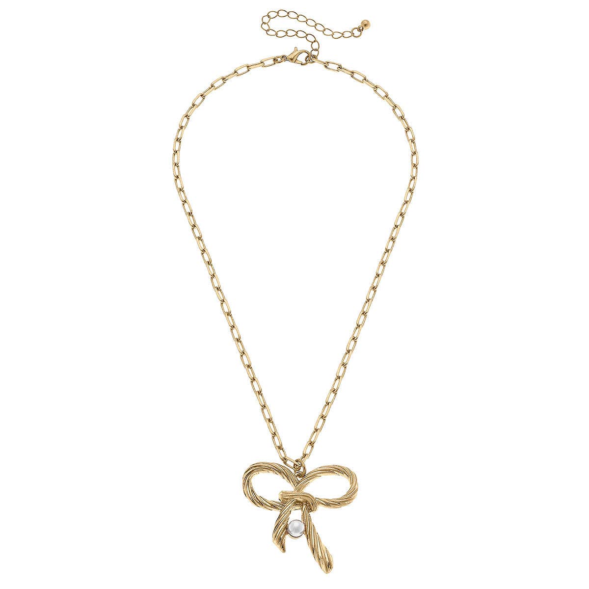 Amy Bow & Pearl Pendant Necklace in Worn Gold