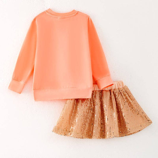 Fall Autumn Coral Bow Long Sleeves Sequins Skirt - 2 Piece Set