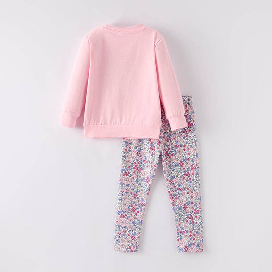 Fall Winter Floral Bow Pink Embroidery Pant - 2 Piece Set