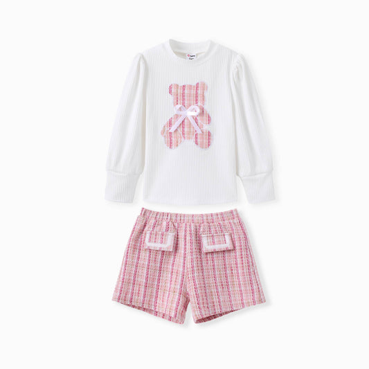 Bear Puff-sleeve Sweatshirt and Shorts - 2 Piece Set