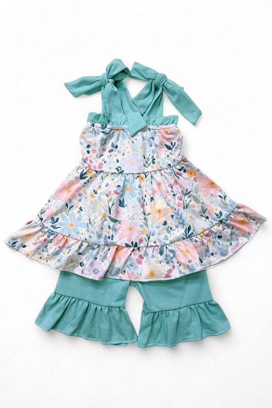 Floral printed ruffle tunic & teal shorts 2 PC SET