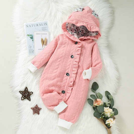 Hooded Pink Thickened Lined Baby Jumpsuit
