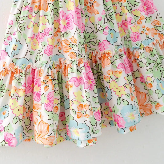 Summer Blue Plaid Bow Floral Print Ruffled Dress