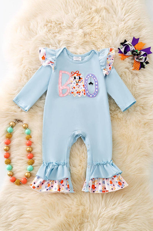 "BOO" Boo applique on Lt. Blue baby romper with floral trim.