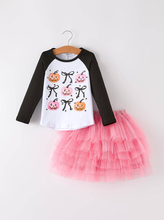 Halloween Printed Children's Top + Pink Gauze Skirt - 2 Piece Set