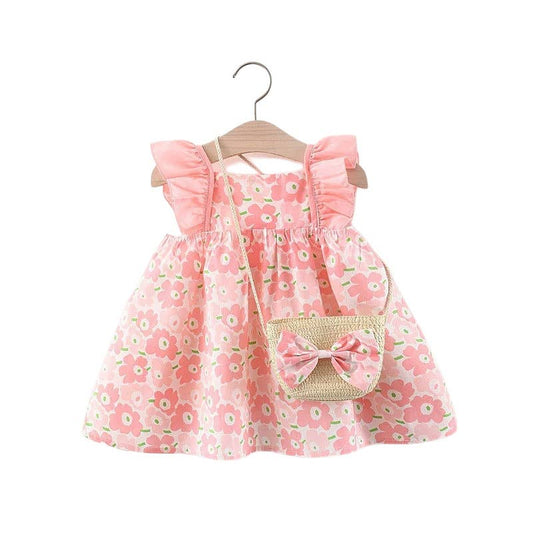 Peach Blossom Flutter Dress & Straw Purse - 2 Piece Set