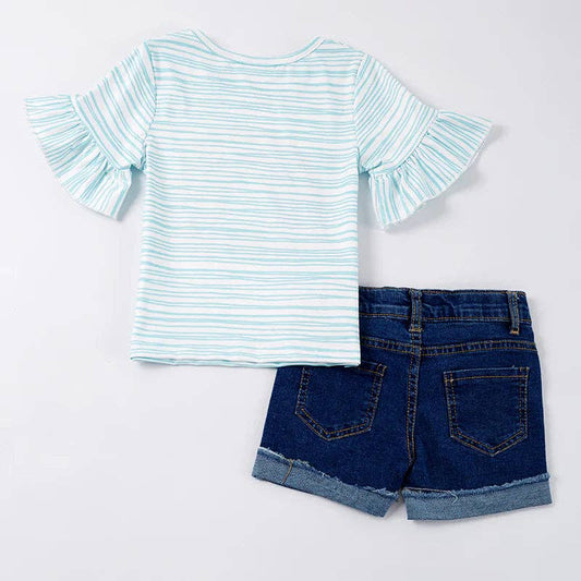 Back To School Apple Rainbow Denim Short - 2 Piece Set