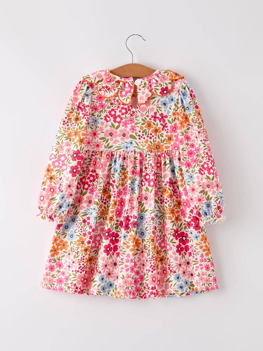 Halloween Pumpkin Bow Smock Embroidered Floral Dress