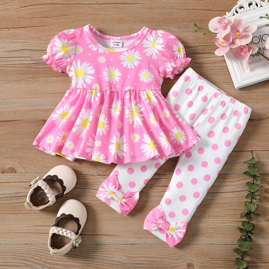 Puff-sleeve Floral Top & Polka Dots Leggings - 2 Piece Set