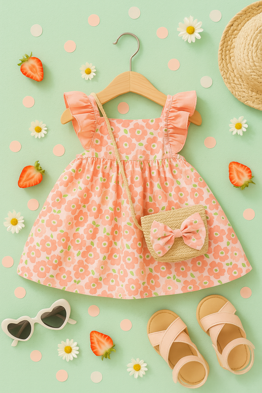 Peach Blossom Flutter Dress & Straw Purse - 2 Piece Set