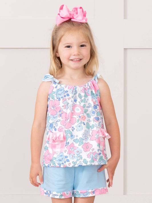 Pink & Blue Gingham Floral Bloomers Outfit - 2 Piece Set