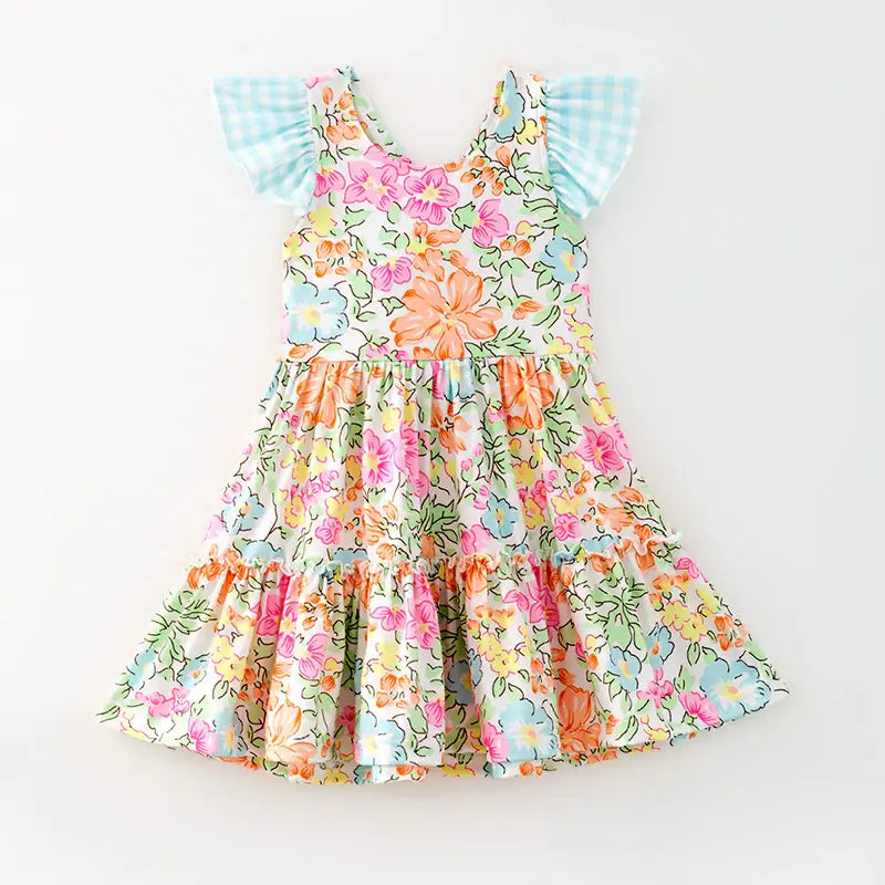 Summer Blue Plaid Bow Floral Print Ruffled Dress