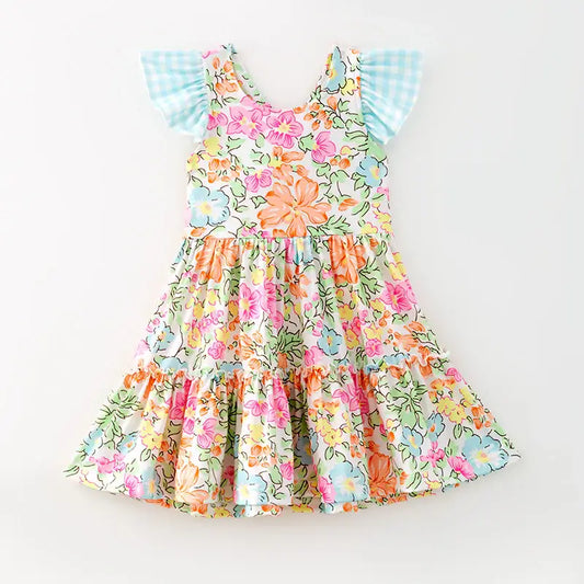 Summer Blue Plaid Bow Floral Print Ruffled Dress
