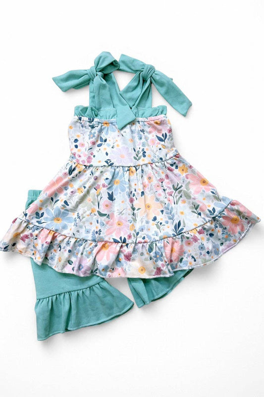 Floral printed ruffle tunic & teal shorts 2 PC SET