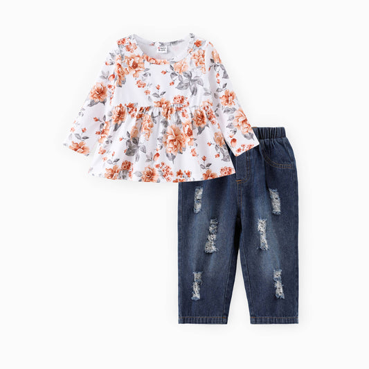 Sweet Floral Print Ruffled Top and Denim Jeans - 2 Piece Set
