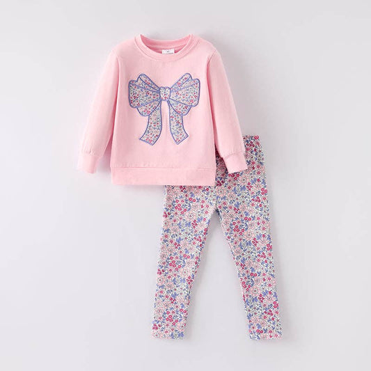 Fall Winter Floral Bow Pink Embroidery Pant - 2 Piece Set